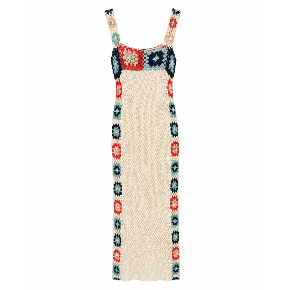 Nichole Lynel Crochet Maxi Dress Womens Boho Granny Square Sleeveless Cream M/L